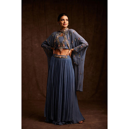 Label Gayatri Bishnoi Powder Blue Cape with Blouse and Lehenga (Set of 3)