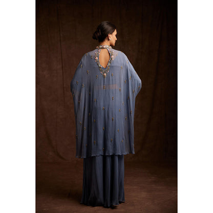 Label Gayatri Bishnoi Powder Blue Cape with Blouse and Lehenga (Set of 3)