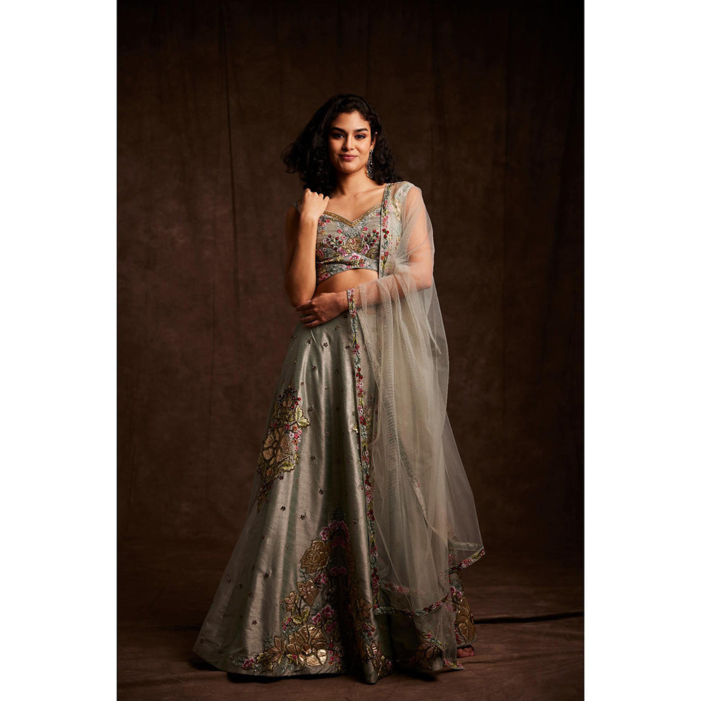Label Gayatri Bishnoi Grey Patchwork Lehenga with Blouse and Dupatta (Set of 3)