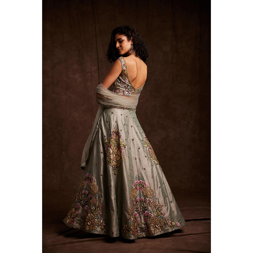 Label Gayatri Bishnoi Grey Patchwork Lehenga with Blouse and Dupatta (Set of 3)