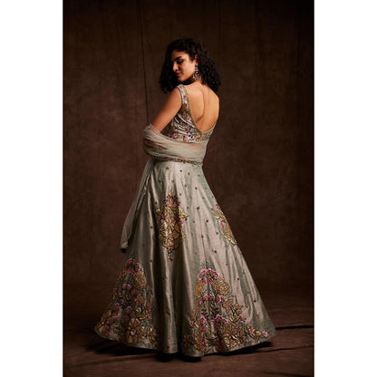 Label Gayatri Bishnoi Grey Patchwork Lehenga with Blouse and Dupatta (Set of 3)