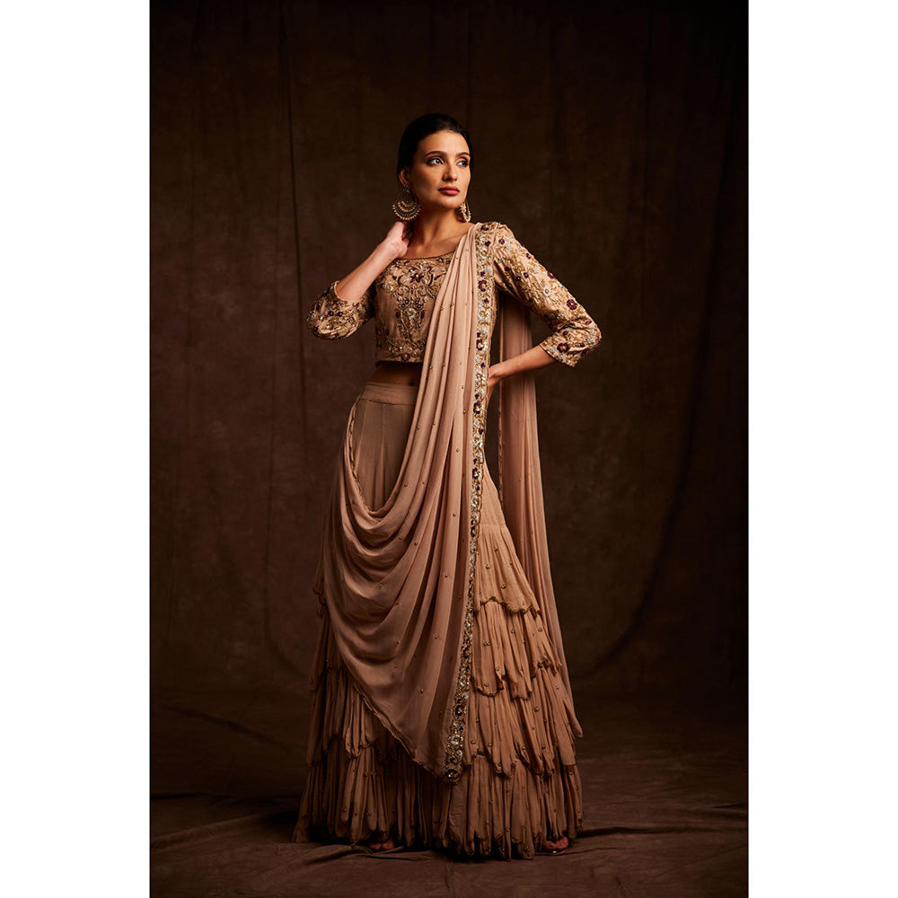 Label Gayatri Bishnoi Beige Disrobed Draped Lehenga with Blouse (Set of 2)