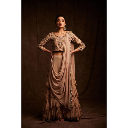 Label Gayatri Bishnoi Beige Disrobed Draped Lehenga with Blouse (Set of 2)