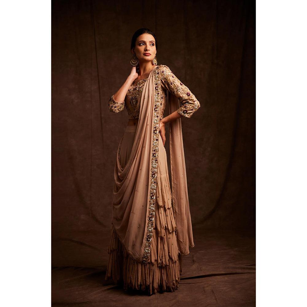 Label Gayatri Bishnoi Beige Disrobed Draped Lehenga with Blouse (Set of 2)