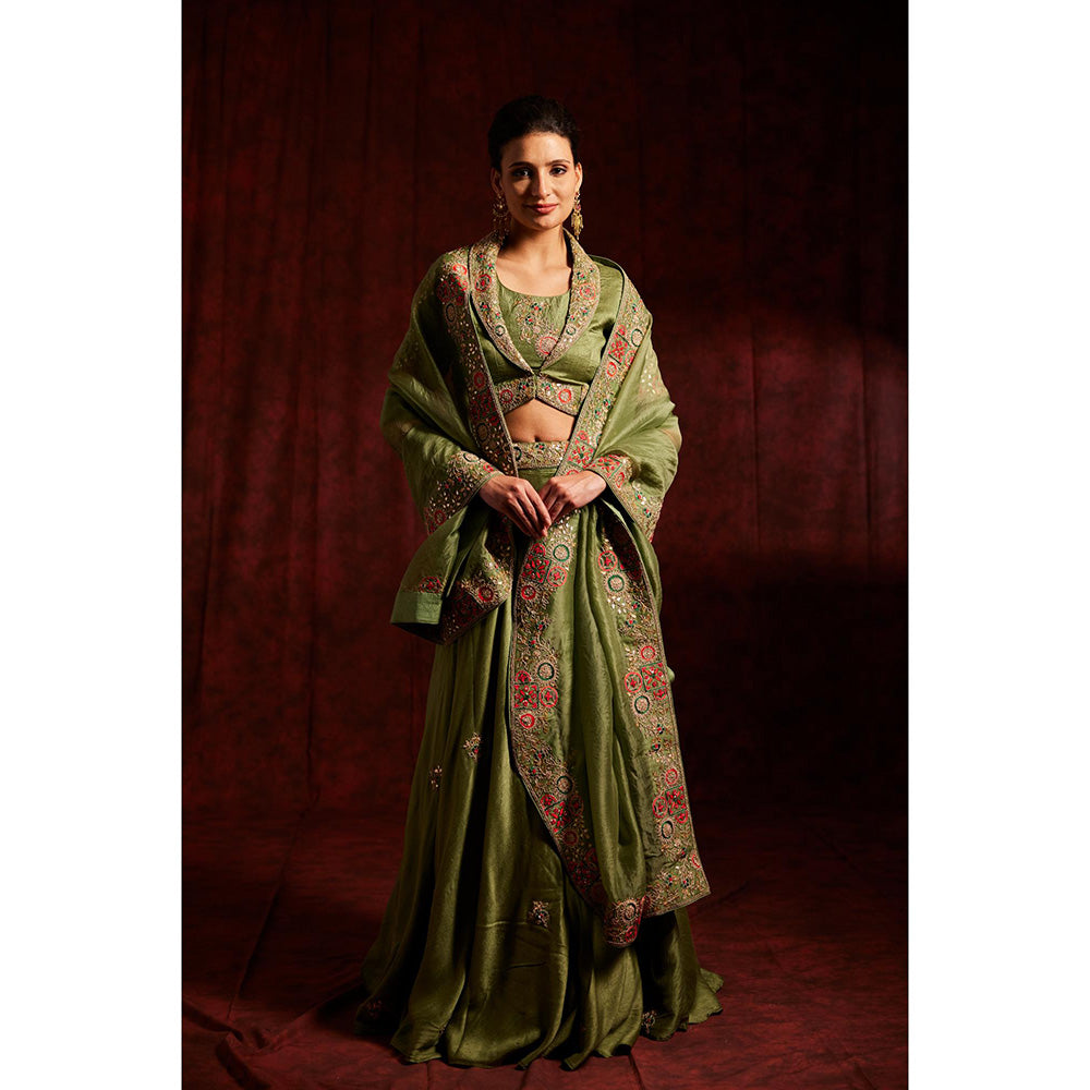 Label Gayatri Bishnoi Green Notched Collar Jacket with Bustier, Lehenga and Dupatta (Set of 4)