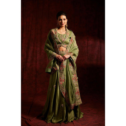Label Gayatri Bishnoi Green Notched Collar Jacket with Bustier, Lehenga and Dupatta (Set of 4)
