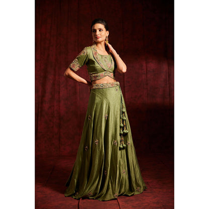 Label Gayatri Bishnoi Green Notched Collar Jacket with Bustier, Lehenga and Dupatta (Set of 4)