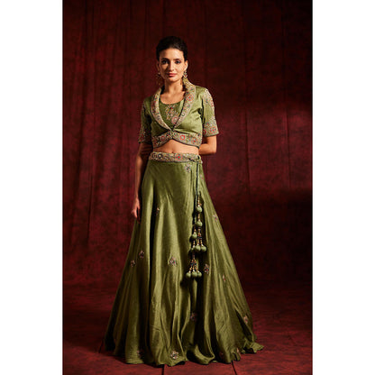 Label Gayatri Bishnoi Green Notched Collar Jacket with Bustier, Lehenga and Dupatta (Set of 4)