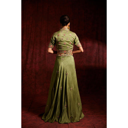 Label Gayatri Bishnoi Green Notched Collar Jacket with Bustier, Lehenga and Dupatta (Set of 4)