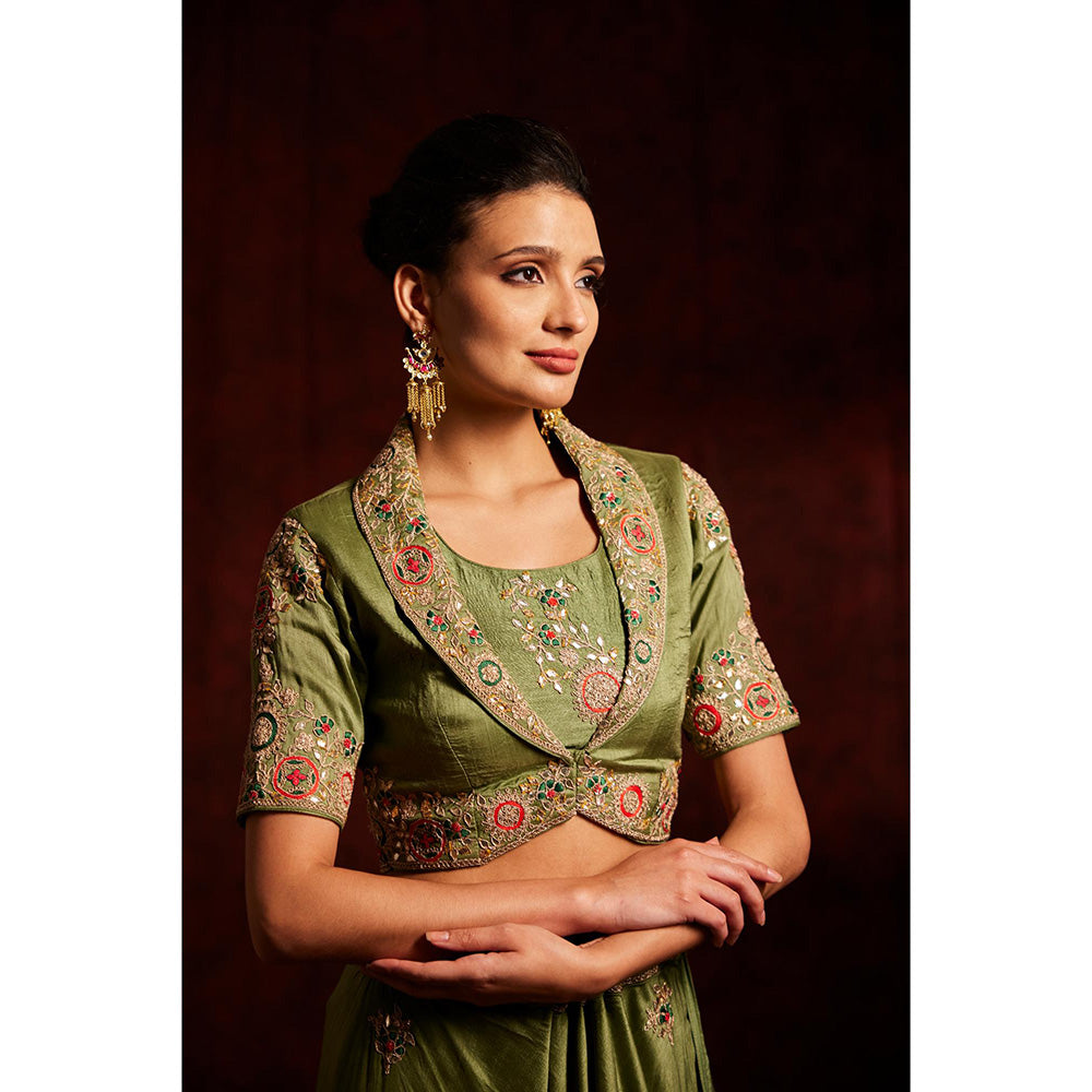 Label Gayatri Bishnoi Green Notched Collar Jacket with Bustier, Lehenga and Dupatta (Set of 4)