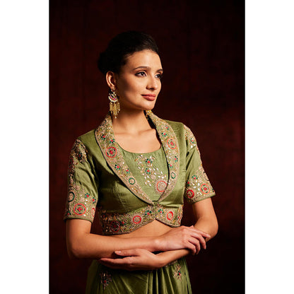 Label Gayatri Bishnoi Green Notched Collar Jacket with Bustier, Lehenga and Dupatta (Set of 4)