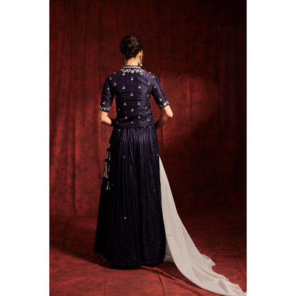 Label Gayatri Bishnoi Navy Blue Jacket with Lehenga and Dupatta (Set of 3)