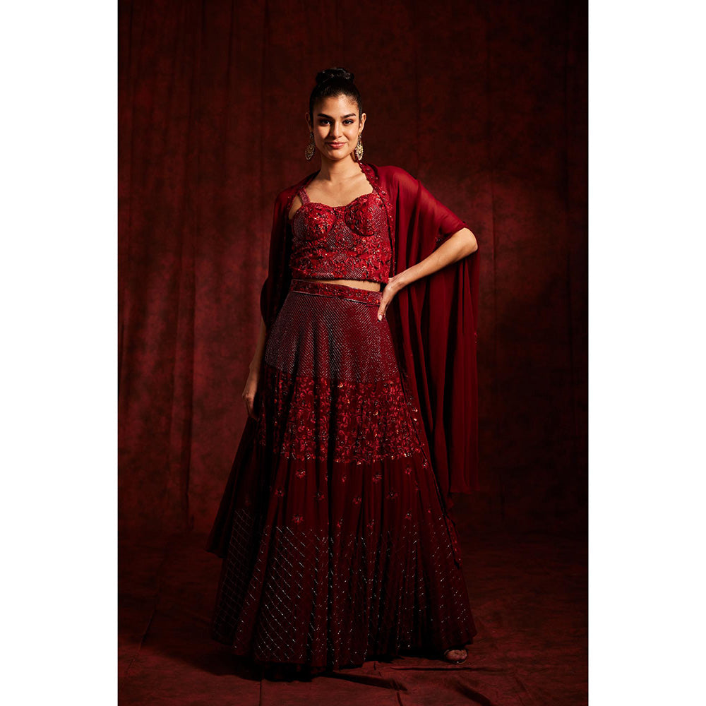 Label Gayatri Bishnoi Red Mulberry Blouse with Lehenga and Cape (Set of 3)