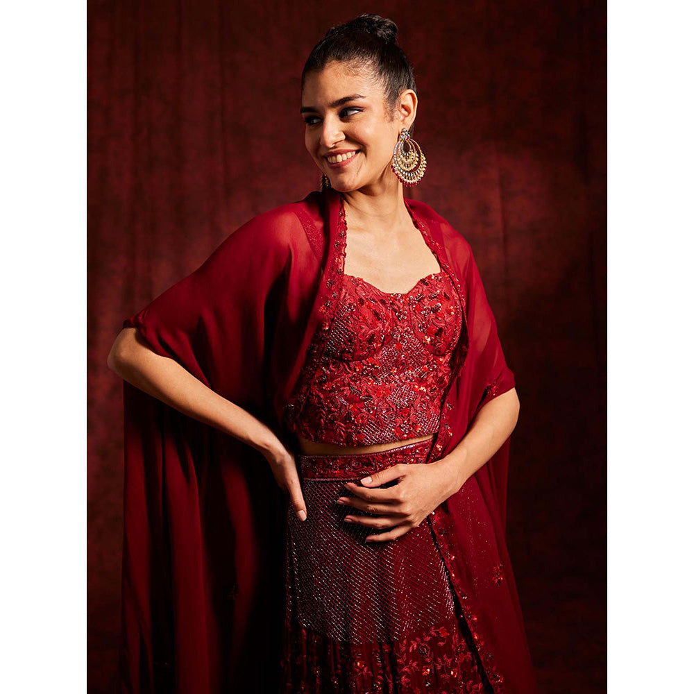 Label Gayatri Bishnoi Red Mulberry Blouse with Lehenga and Cape (Set of 3)