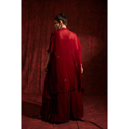 Label Gayatri Bishnoi Red Mulberry Blouse with Lehenga and Cape (Set of 3)