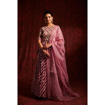 Label Gayatri Bishnoi Pink Onion Lechery Lehenga with Peplum Top and Dupatta (Set of 3)
