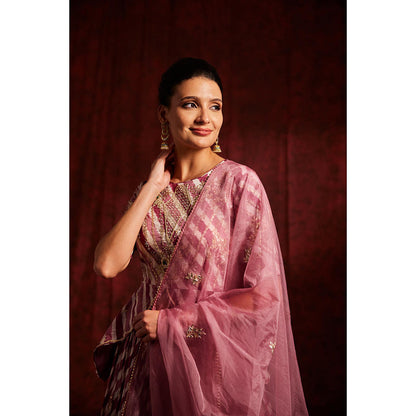 Label Gayatri Bishnoi Pink Onion Lechery Lehenga with Peplum Top and Dupatta (Set of 3)