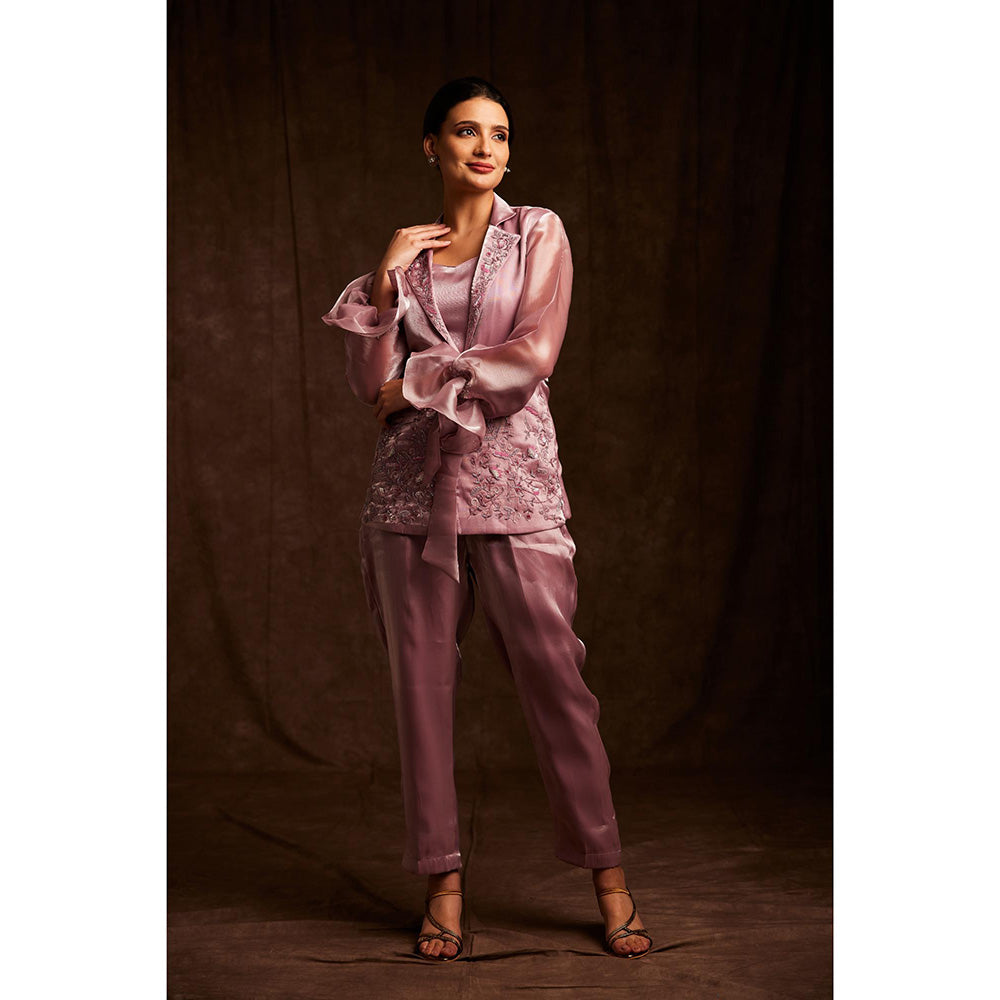 Label Gayatri Bishnoi Pink Notch Collar Blazer with Bustier and Pant (Set of 3)