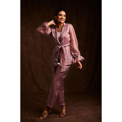 Label Gayatri Bishnoi Pink Notch Collar Blazer with Bustier and Pant (Set of 3)