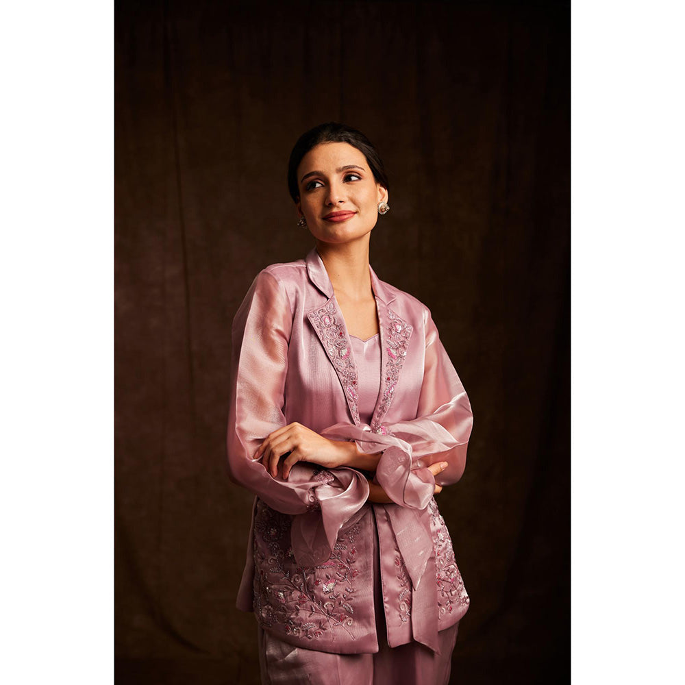 Label Gayatri Bishnoi Pink Notch Collar Blazer with Bustier and Pant (Set of 3)