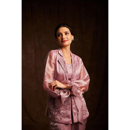 Label Gayatri Bishnoi Pink Notch Collar Blazer with Bustier and Pant (Set of 3)