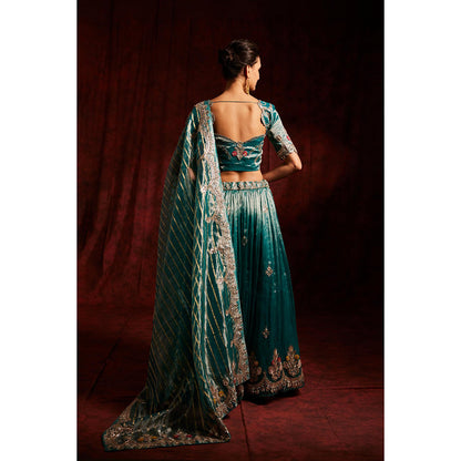 Label Gayatri Bishnoi Teal Blue Gota Patti Tissue Lehenga with Blouse and Dupatta (Set of 3)