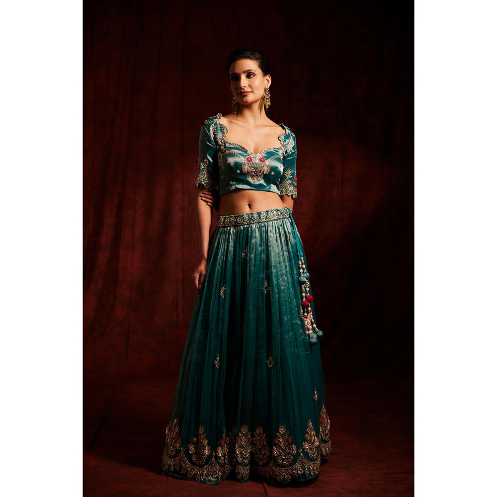 Label Gayatri Bishnoi Teal Blue Gota Patti Tissue Lehenga with Blouse and Dupatta (Set of 3)