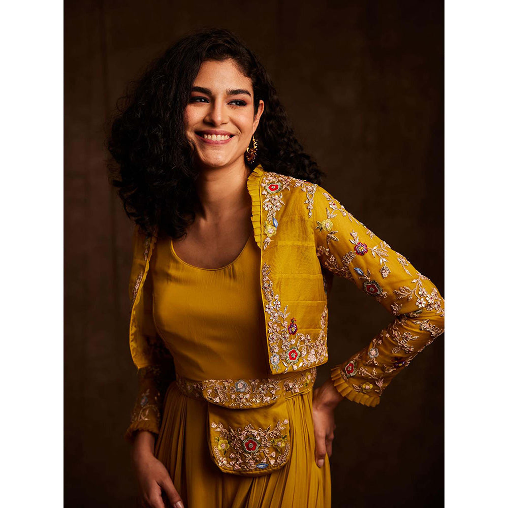 Label Gayatri Bishnoi Mustard Fit and Flared Yellow Pouch Bag Belt with Jumpsuit and Jacket (Set of 3)