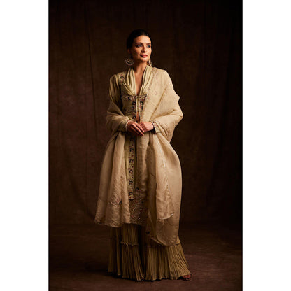 Label Gayatri Bishnoi Green Cowl Neck Kurta with Sharara and Dupatta (Set of 3)