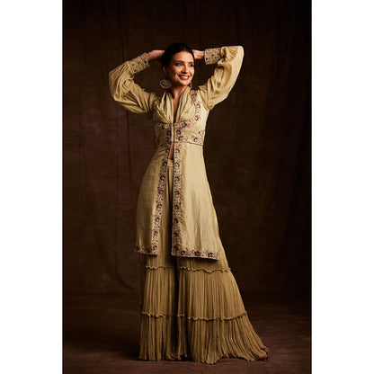 Label Gayatri Bishnoi Green Cowl Neck Kurta with Sharara and Dupatta (Set of 3)