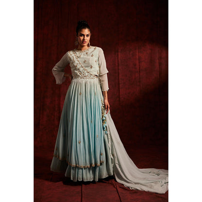 Label Gayatri Bishnoi Ice Blue Blouse with Lehenga, Jacket and Dupatta (Set of 4)