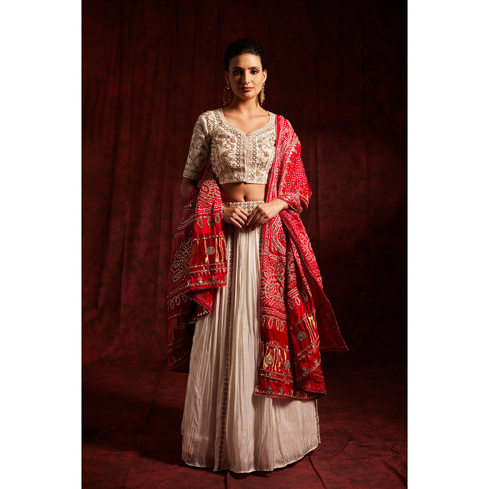 Label Gayatri Bishnoi White Sukh Bandani Lehenga with Blouse and Dupatta (Set of 3)