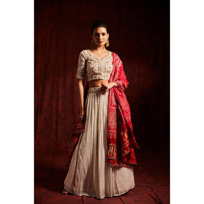 Label Gayatri Bishnoi White Sukh Bandani Lehenga with Blouse and Dupatta (Set of 3)