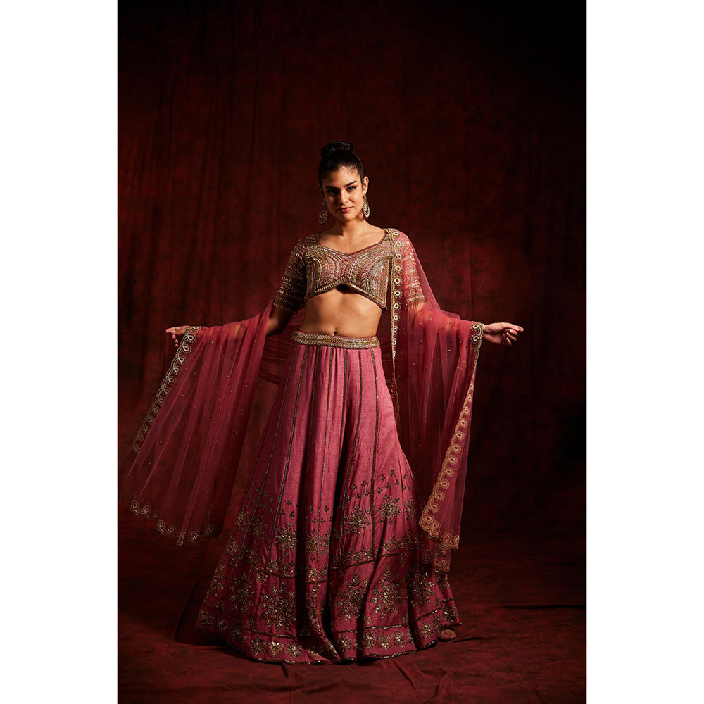 Label Gayatri Bishnoi Mauve Kashi Lehenga with Blouse and Dupatta (Set of 3)