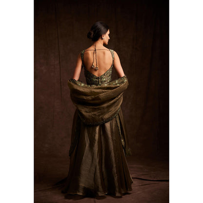 Label Gayatri Bishnoi Molten Green Lehenga with Blouse and Dupatta (Set of 3)