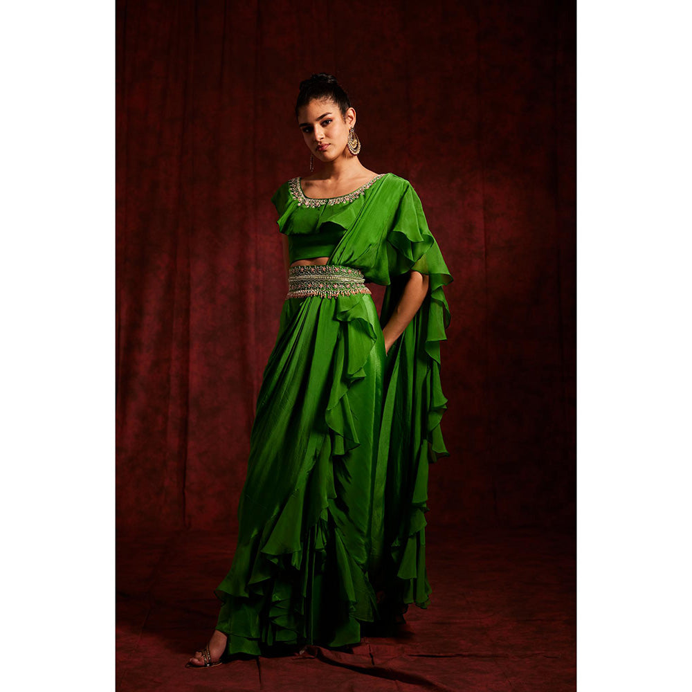 Label Gayatri Bishnoi Green Scarlett Ruffle Pre Draped Saree with Stitched Blouse and Belt