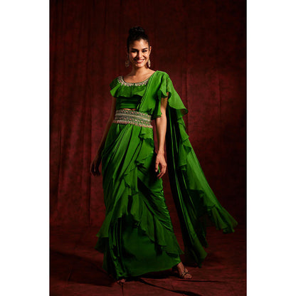Label Gayatri Bishnoi Green Scarlett Ruffle Pre Draped Saree with Stitched Blouse and Belt
