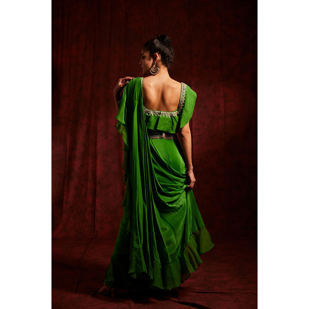 Label Gayatri Bishnoi Green Scarlett Ruffle Pre Draped Saree with Stitched Blouse and Belt