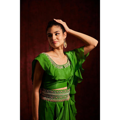 Label Gayatri Bishnoi Green Scarlett Ruffle Pre Draped Saree with Stitched Blouse and Belt