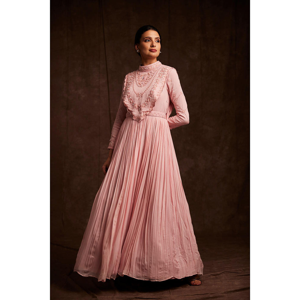 Label Gayatri Bishnoi Pink Flamingo Cape with Drape Gown and Belt (Set of 3)