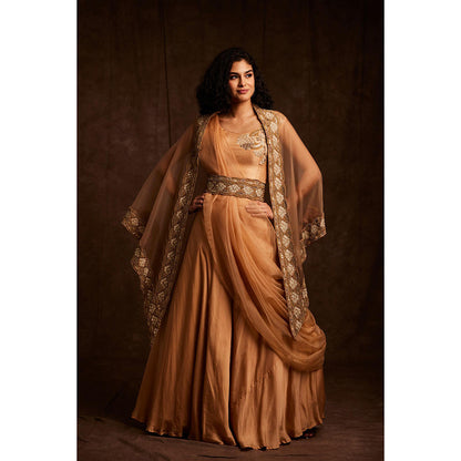 Label Gayatri Bishnoi Beige Creme Asymmetrical Cape with Draped Lehenga, Blouse and Belt (Set of 4)