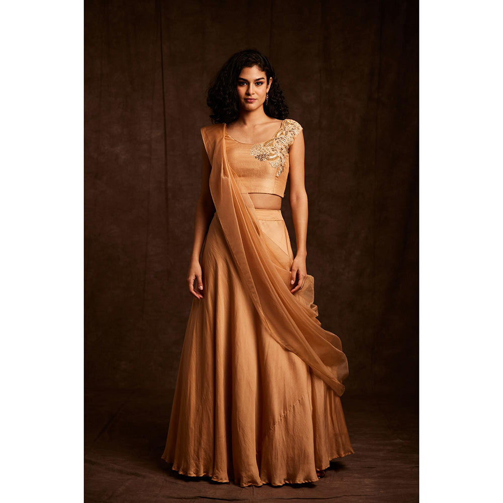 Label Gayatri Bishnoi Beige Creme Asymmetrical Cape with Draped Lehenga, Blouse and Belt (Set of 4)