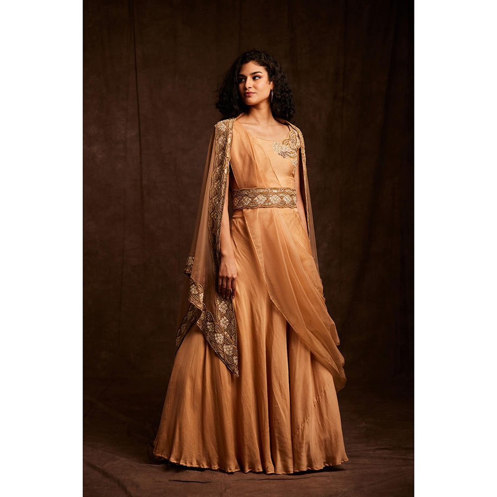 Label Gayatri Bishnoi Beige Creme Asymmetrical Cape with Draped Lehenga, Blouse and Belt (Set of 4)