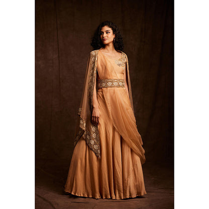 Label Gayatri Bishnoi Beige Creme Asymmetrical Cape with Draped Lehenga, Blouse and Belt (Set of 4)