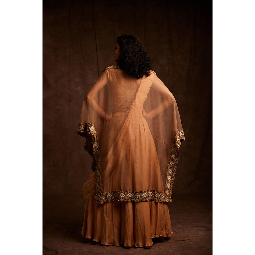Label Gayatri Bishnoi Beige Creme Asymmetrical Cape with Draped Lehenga, Blouse and Belt (Set of 4)