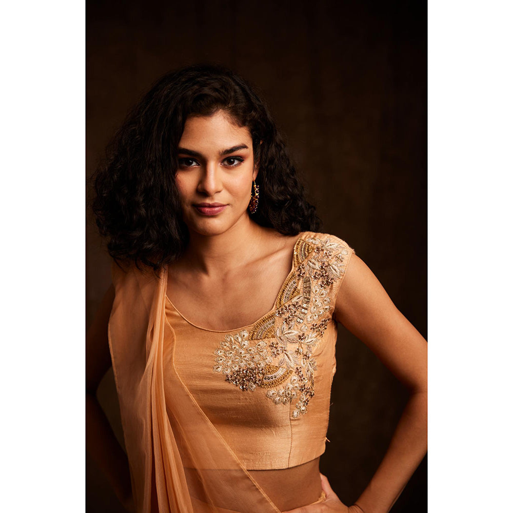 Label Gayatri Bishnoi Beige Creme Asymmetrical Cape with Draped Lehenga, Blouse and Belt (Set of 4)
