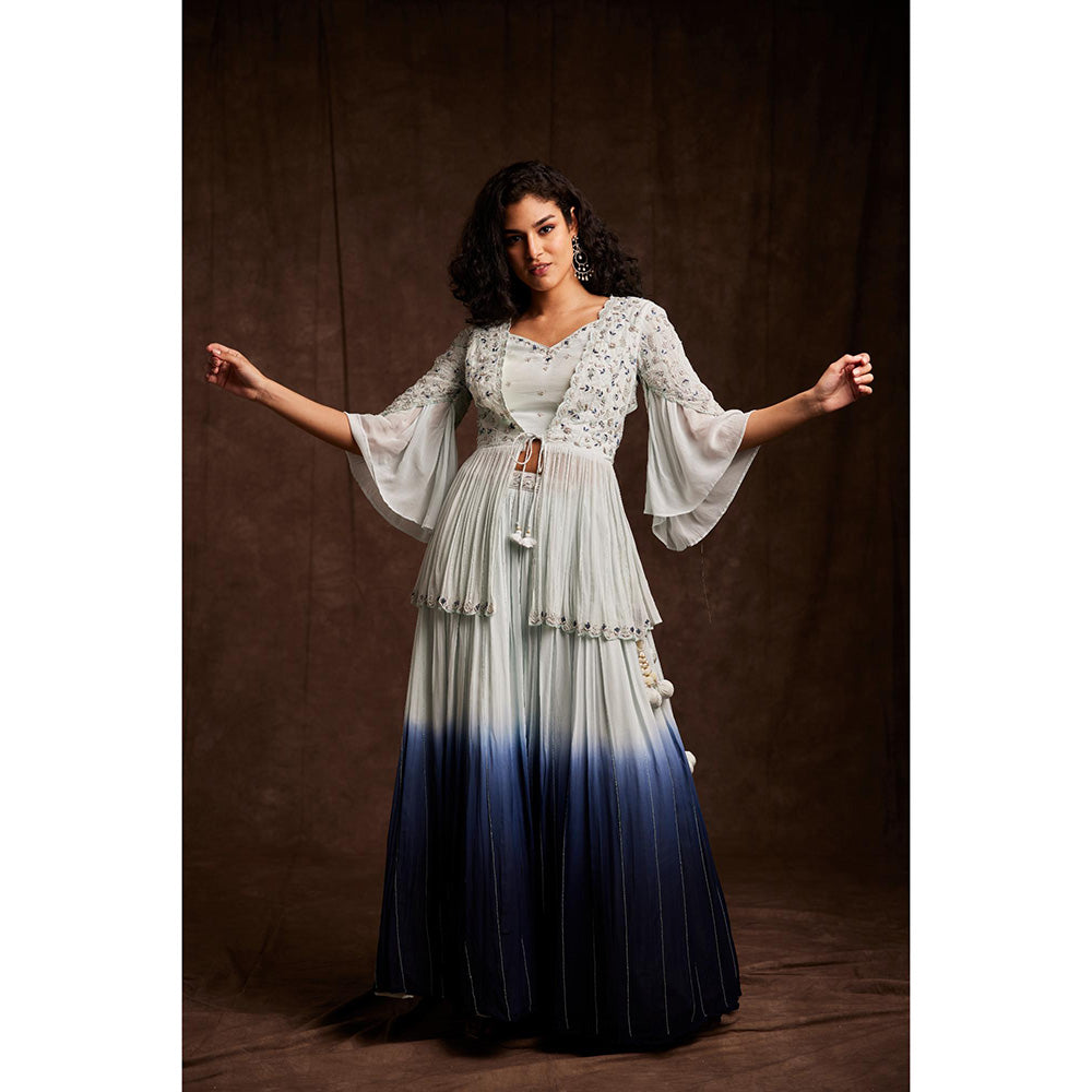 Label Gayatri Bishnoi Blue Ambani Ombre Peplum Top with Lehenga and Dupatta (Set of 3)