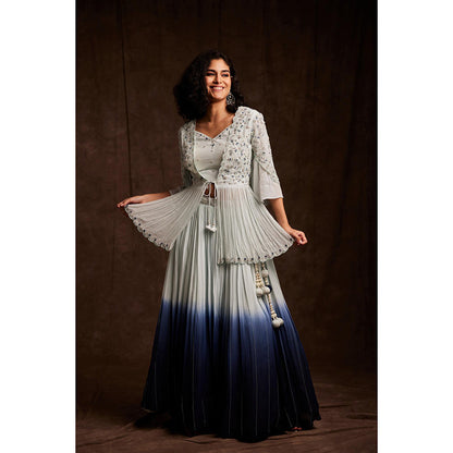 Label Gayatri Bishnoi Blue Ambani Ombre Peplum Top with Lehenga and Dupatta (Set of 3)
