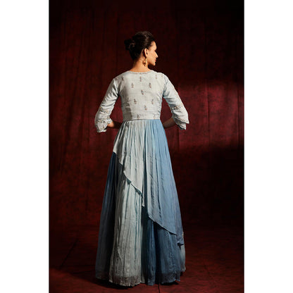 Label Gayatri Bishnoi Blue Afghani Lehenga with Peplum Top and Dupatta (Set of 3)