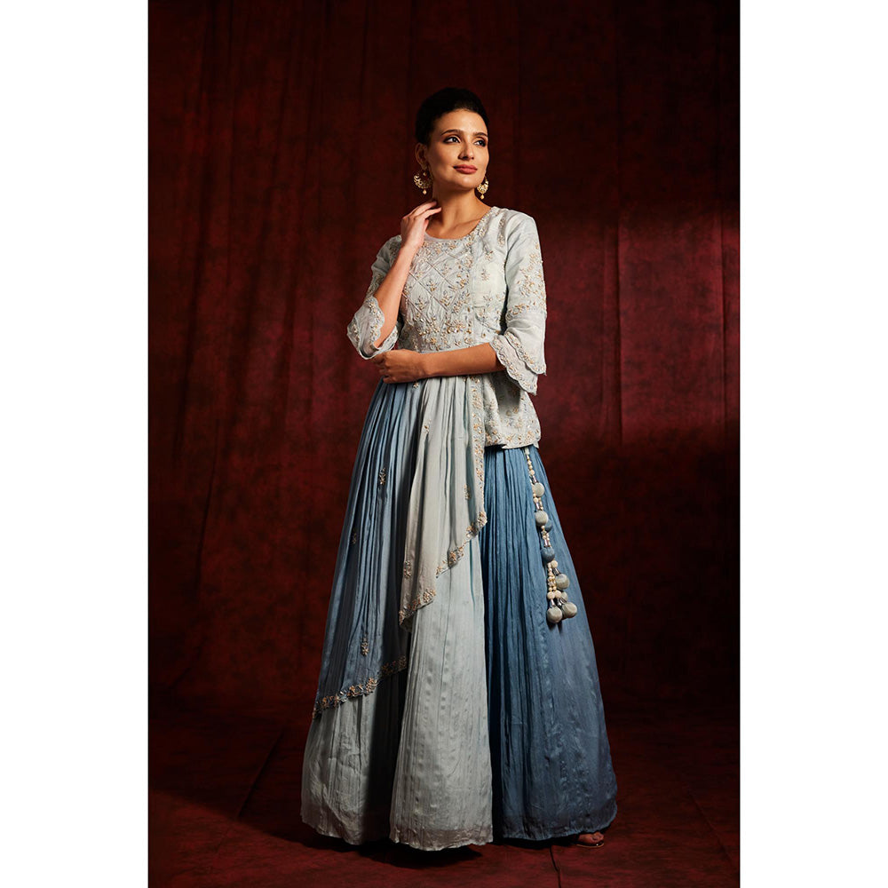 Label Gayatri Bishnoi Blue Afghani Lehenga with Peplum Top and Dupatta (Set of 3)